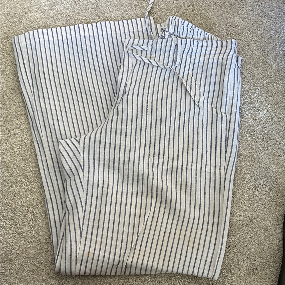 Striped linen women’s wide leg pants.